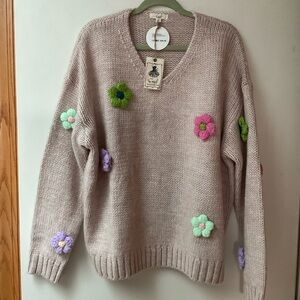 Floral Knit Sweater - Beige with Multicolor Accents